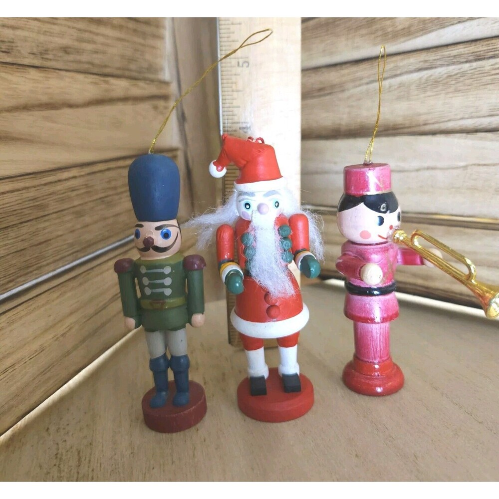 Vintage Nutcracker Wooden Soldiers Christmas Tree Ornaments 3.5 - 4"  Lot Of 3